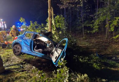 Nocny wypadek w Wielkopolsce. Peugeot uderzył w drzewo, kierowca został uwięziony w aucie Nocny wypadek w Wielkopolsce. Peugeot uderzył w drzewo, kierowca został uwięziony w aucie